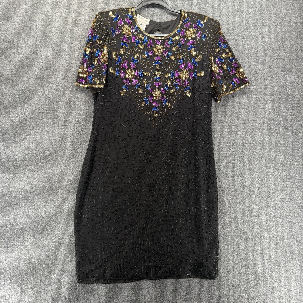 Vintage 80s Stenay Dress Womens L Black Silk Beaded Sheath Cocktail Formal Party